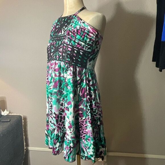 Susie Rose Womens Multicolor Floral Crochet Halter Neck Ruffle Dress Large - Picture 9 of 9